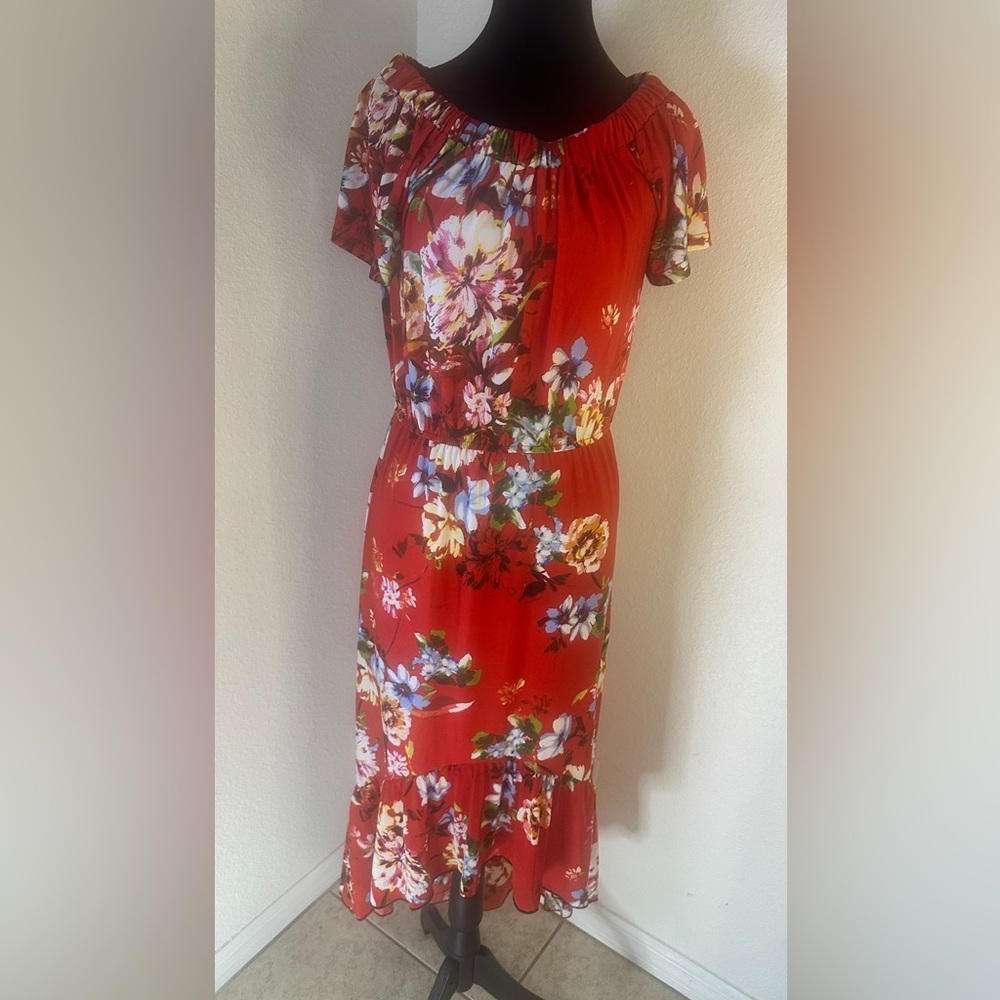 Mlle Gabrielle Women's Maxi Dress Medium Red Floral Short Sleeve Size S Stretch